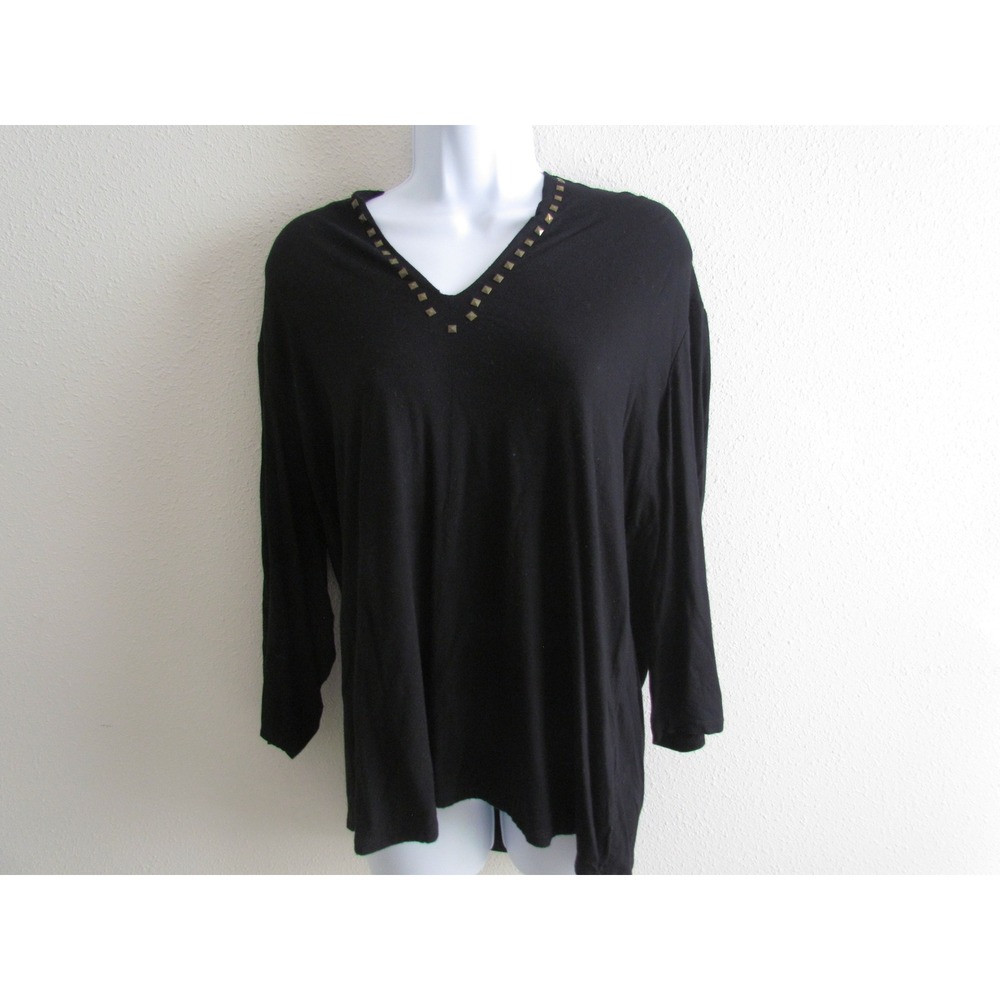 Grace Top 0X Black Studded V-Neck Long Sleeve Jersey Knit Blouse